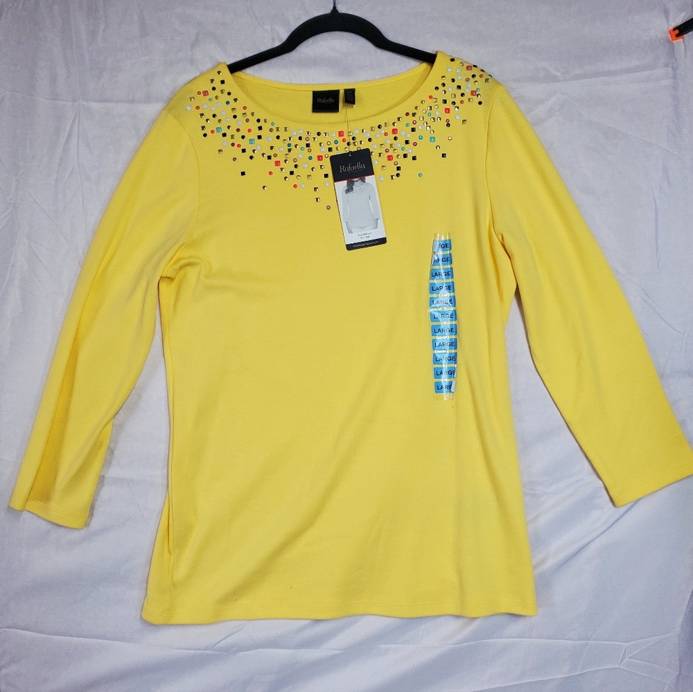 Rafaella Yellow L Top with Beaded Neckline